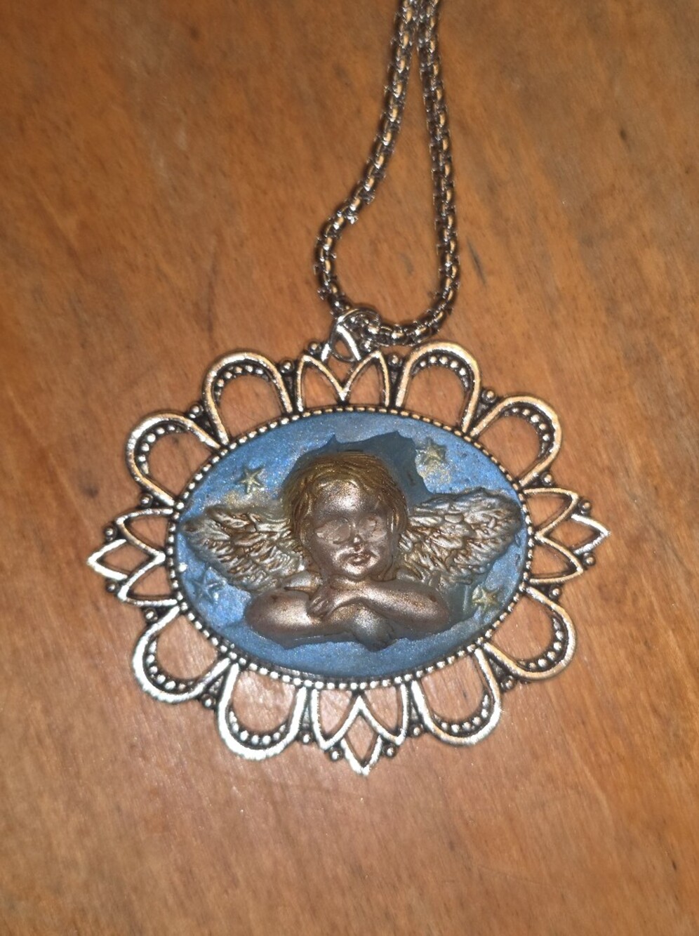 Cupid Angel Cameo Pendant, Silver Metal Frame On Stainless Steel Chain Necklace